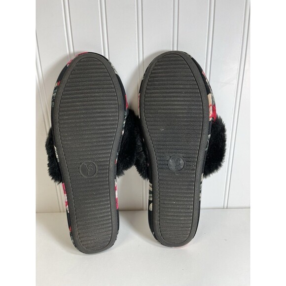 VICTORIA' SECRET Satin Black/Red Floral Bedroom Slippers SizeL 9-10 Faux FurTrim - Picture 5 of 7